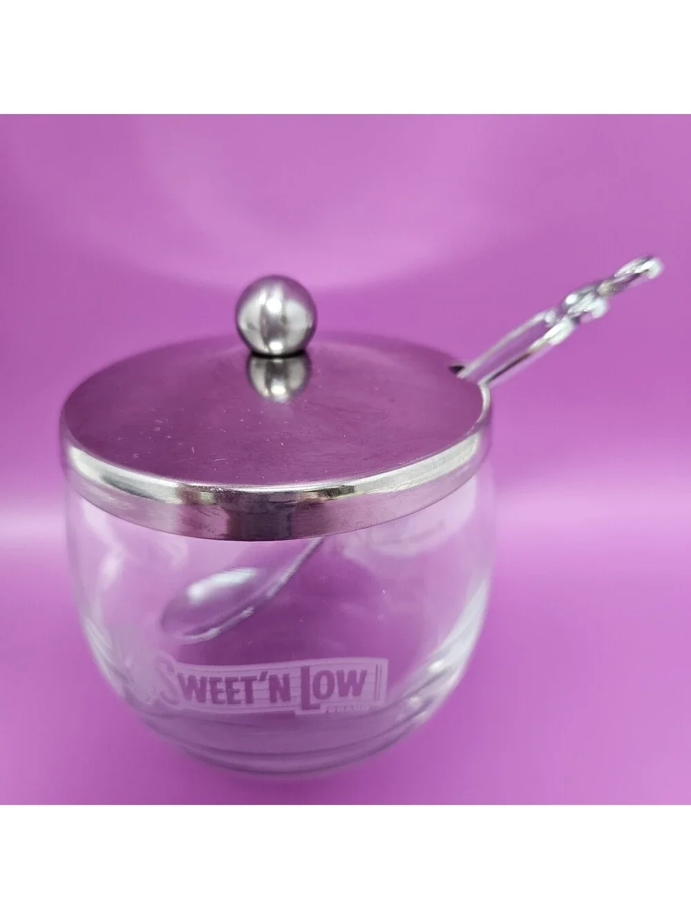 Vintage Sweet'N Low Glass Sugar Bowl Jar w/ Lid & Treble Clef Spoon Advertising